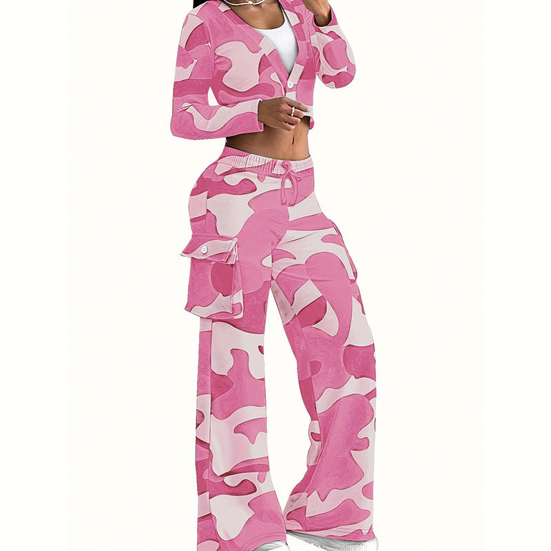 Women's Camouflage Print 2-Piece Set, V-Neck Single Button Crop Top & Drawstring Cargo Pants