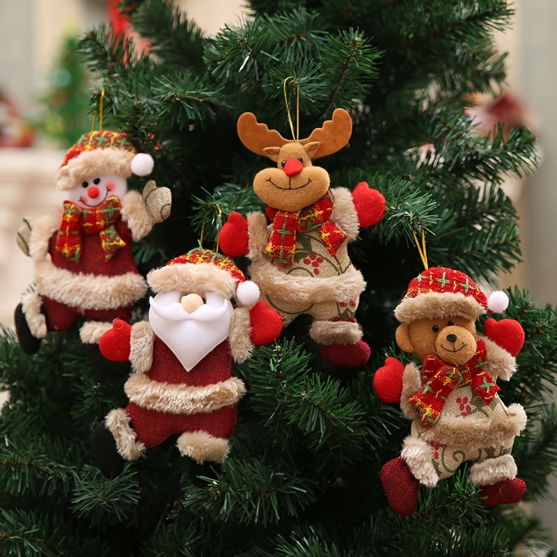 Festive Christmas Tree Ornaments - Santa, Snowman, Reindeer & Bear Figures With Red & White Scarves, Golden Balls & Red Bows -