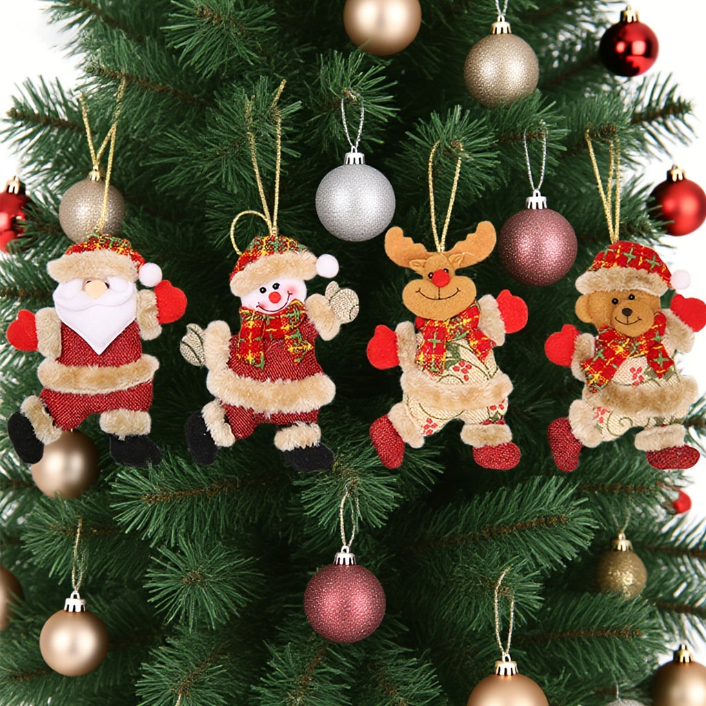 Festive Christmas Tree Ornaments - Santa, Snowman, Reindeer & Bear Figures With Red & White Scarves, Golden Balls & Red Bows -