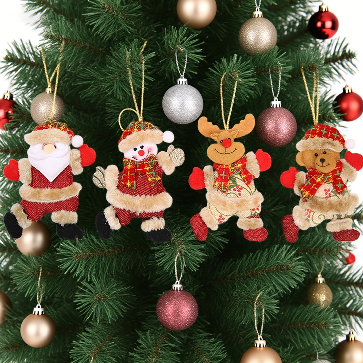 Festive Christmas Tree Ornaments - Santa, Snowman, Reindeer & Bear Figures With Red & White Scarves, Golden Balls & Red Bows -