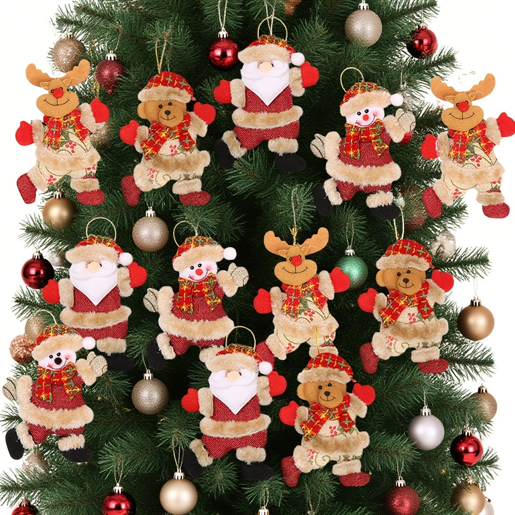 Festive Christmas Tree Ornaments - Santa, Snowman, Reindeer & Bear Figures With Red & White Scarves, Golden Balls & Red Bows -