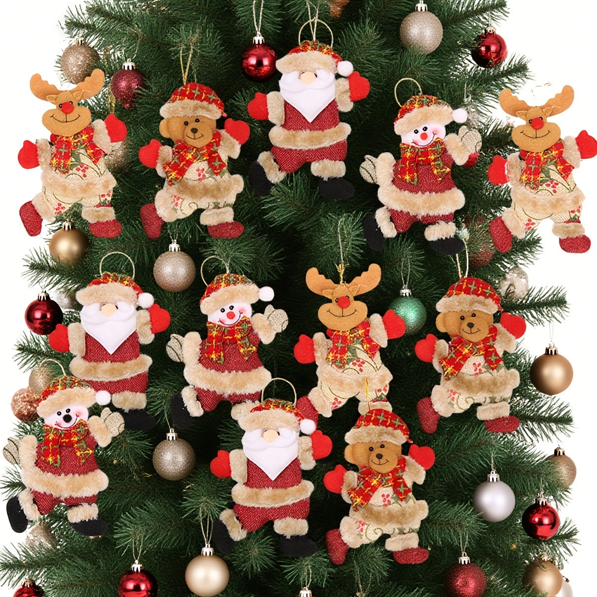 Festive Christmas Tree Ornaments - Santa, Snowman, Reindeer & Bear Figures With Red & White Scarves, Golden Balls & Red Bows -