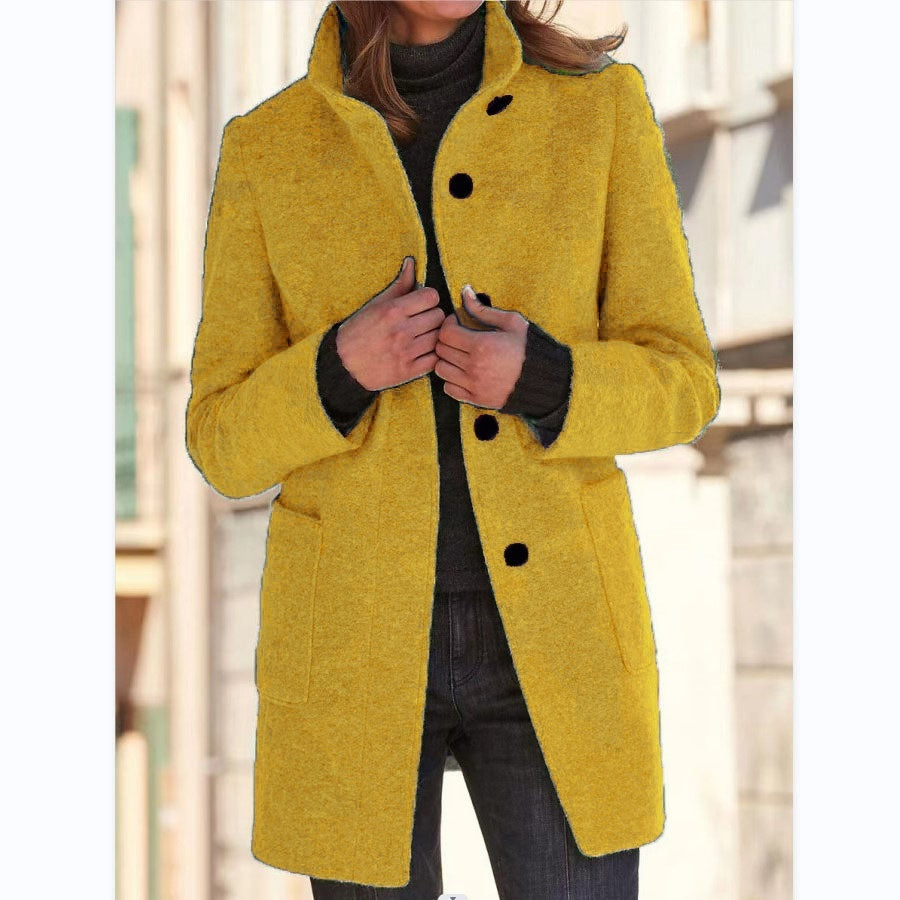 Fashion Stand Collar Woolen Coat With Pockets