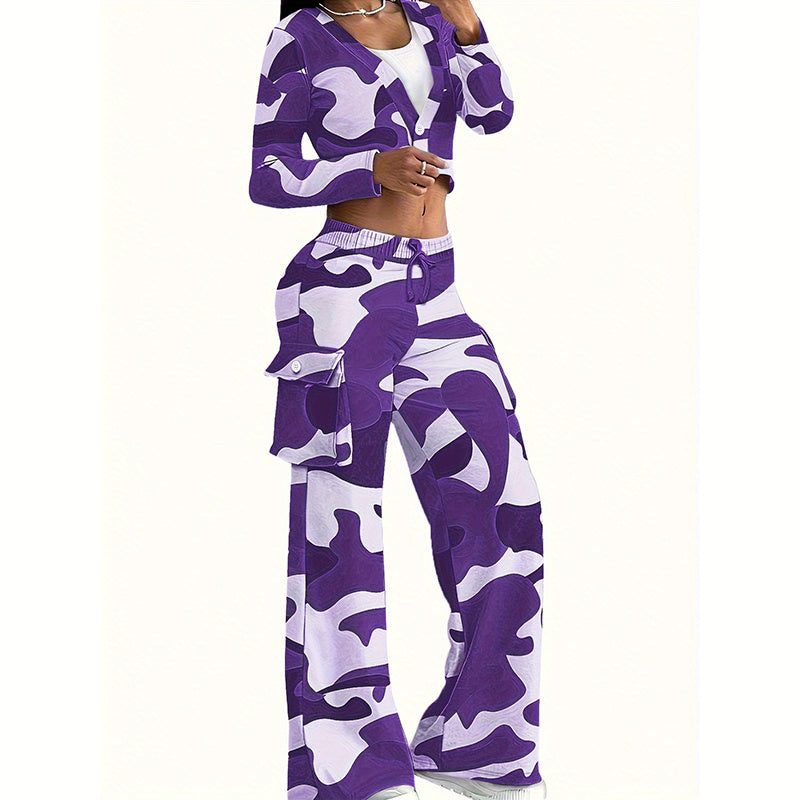 Women's Camouflage Print 2-Piece Set, V-Neck Single Button Crop Top & Drawstring Cargo Pants