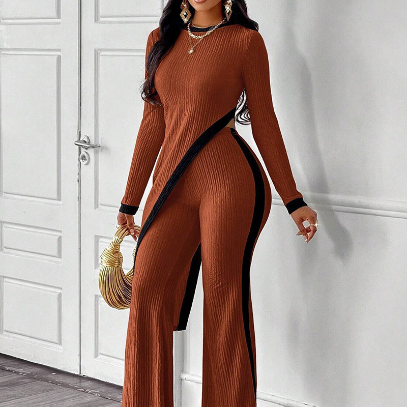 Women's 2 Piece Outfit Sexy Asymmetrical Hem Long Sleeve Top And Wide Leg Pants Sets Elegant Vacation Going Out Suit