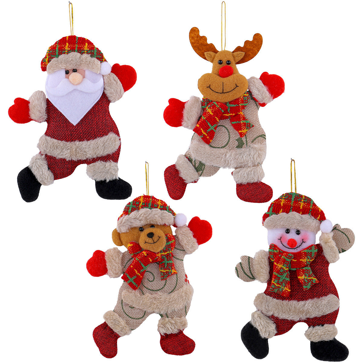 Festive Christmas Tree Ornaments - Santa, Snowman, Reindeer & Bear Figures With Red & White Scarves, Golden Balls & Red Bows -