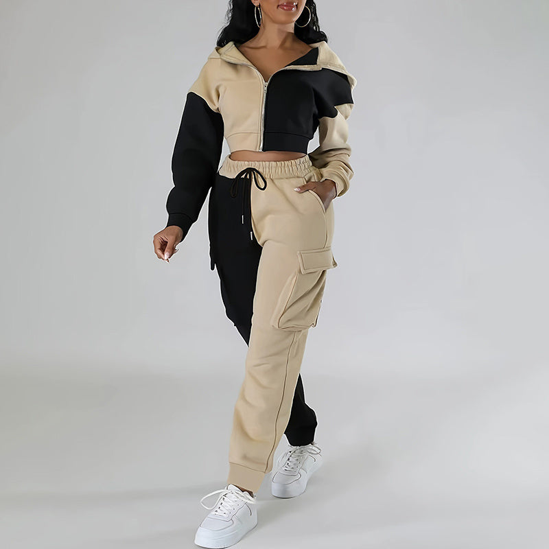 2 Piece Set, Full Zip Up Cropped Hoodie Jacket & Drawstring Cargo Pants, Casual Streetwear Outfit
