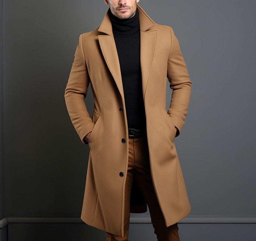 Men's Mid-length Coat Fall Winter Slim Pockets Single-breasted Collar Jacket