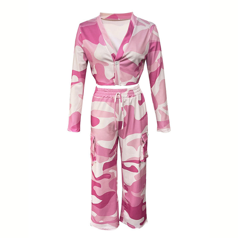 Women's Camouflage Print 2-Piece Set, V-Neck Single Button Crop Top & Drawstring Cargo Pants