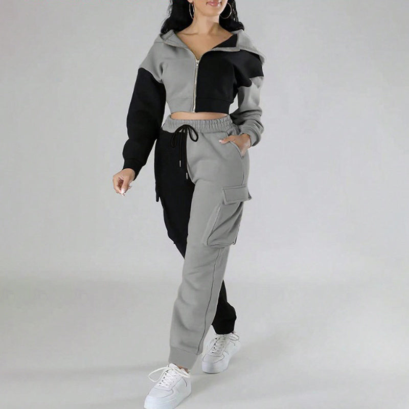 2 Piece Set, Full Zip Up Cropped Hoodie Jacket & Drawstring Cargo Pants, Casual Streetwear Outfit