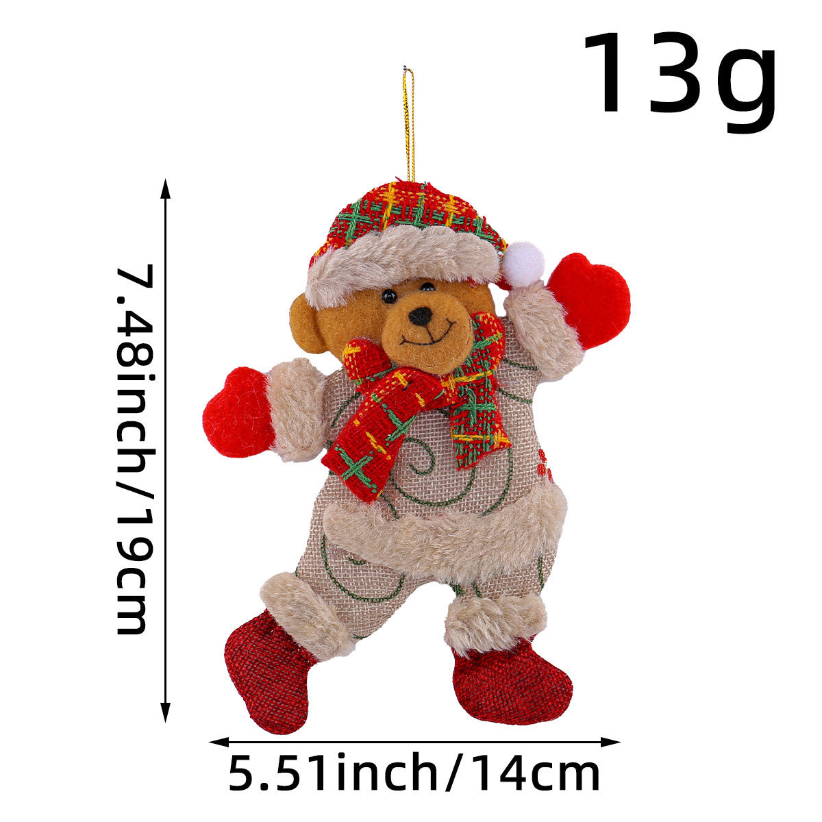 Festive Christmas Tree Ornaments - Santa, Snowman, Reindeer & Bear Figures With Red & White Scarves, Golden Balls & Red Bows -