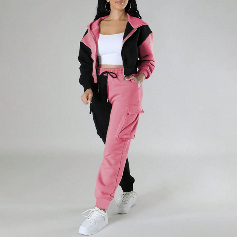 2 Piece Set, Full Zip Up Cropped Hoodie Jacket & Drawstring Cargo Pants, Casual Streetwear Outfit