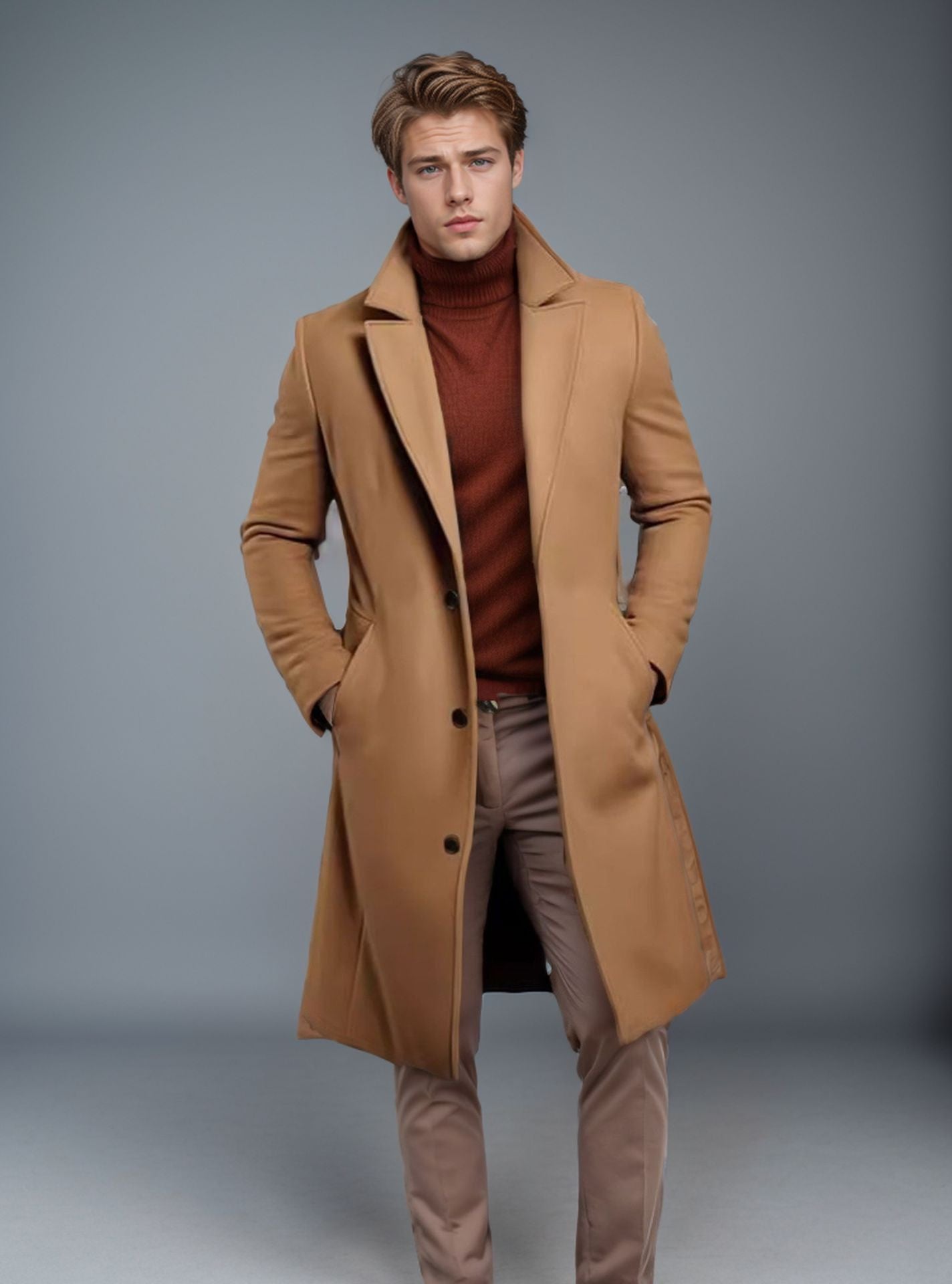 Men's Mid-length Coat Fall Winter Slim Pockets Single-breasted Collar Jacket