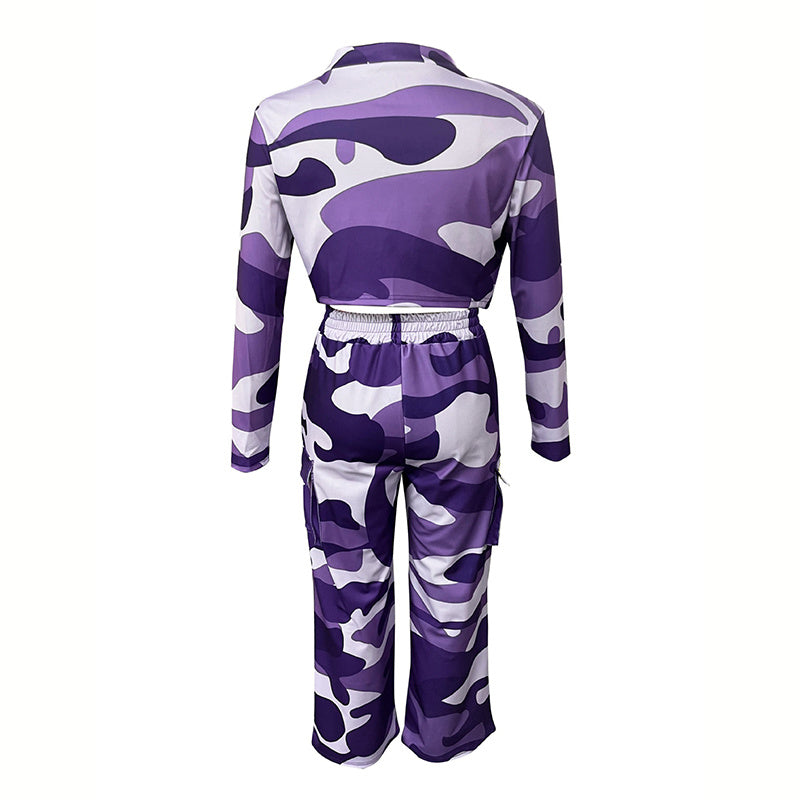 Women's Camouflage Print 2-Piece Set, V-Neck Single Button Crop Top & Drawstring Cargo Pants