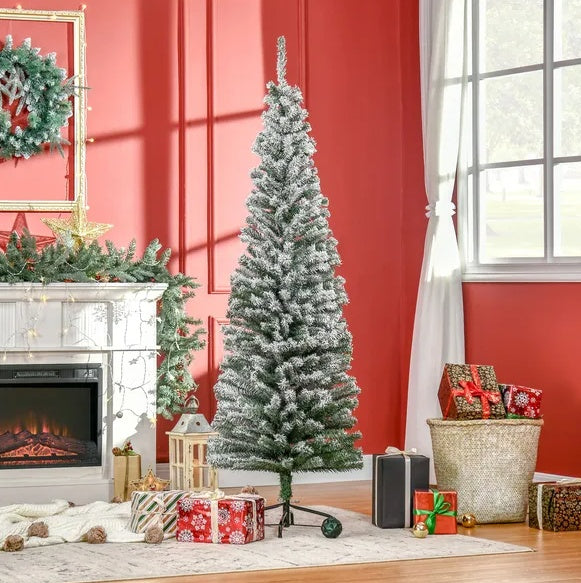 HOMCOM 6ft Artificial Snow Flocked Christmas Tree With Foldable Steel Stand Home Indoor Decoration Green