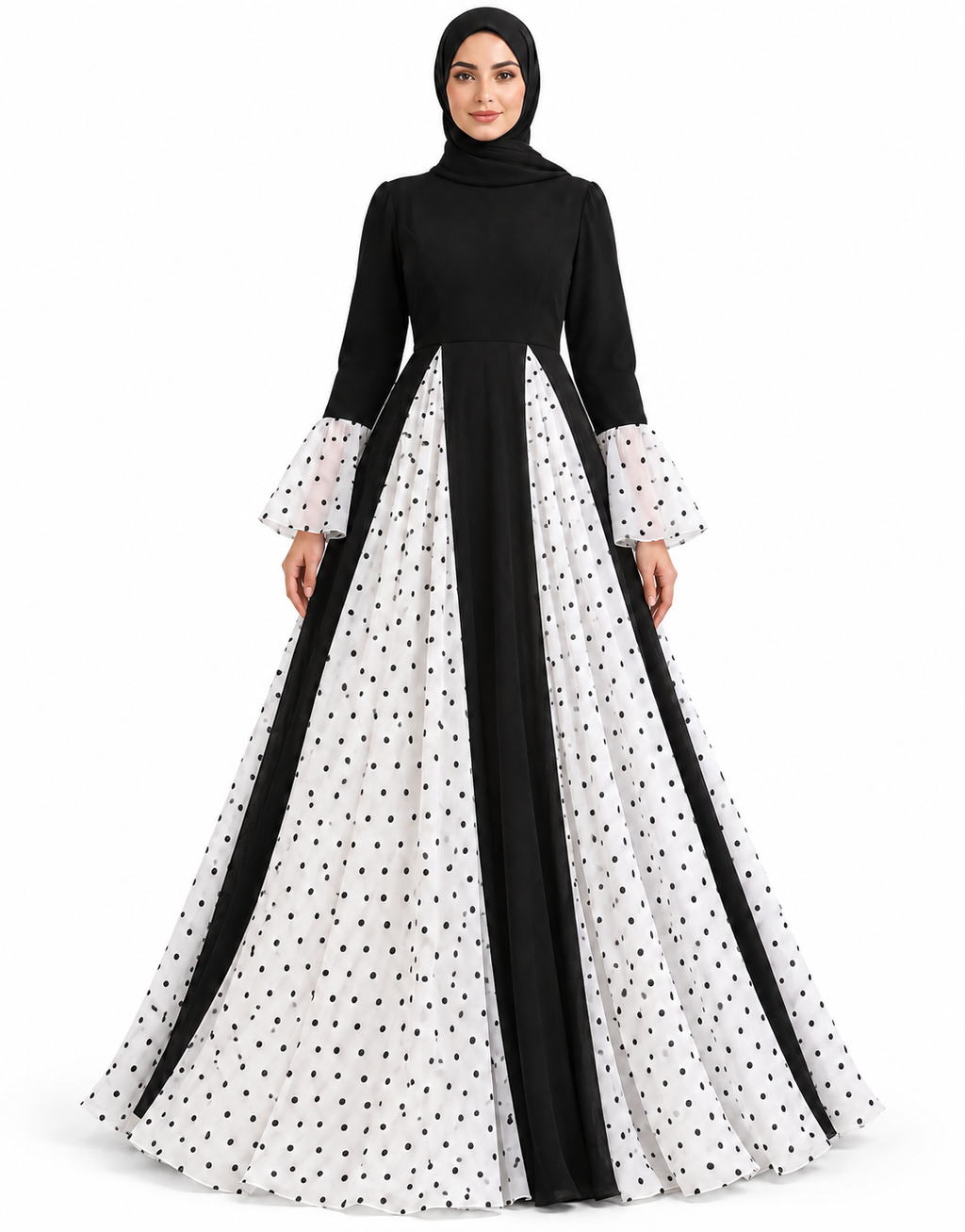 Polka Dot Women Dress Muslim Abaya Flare Sleeve Party