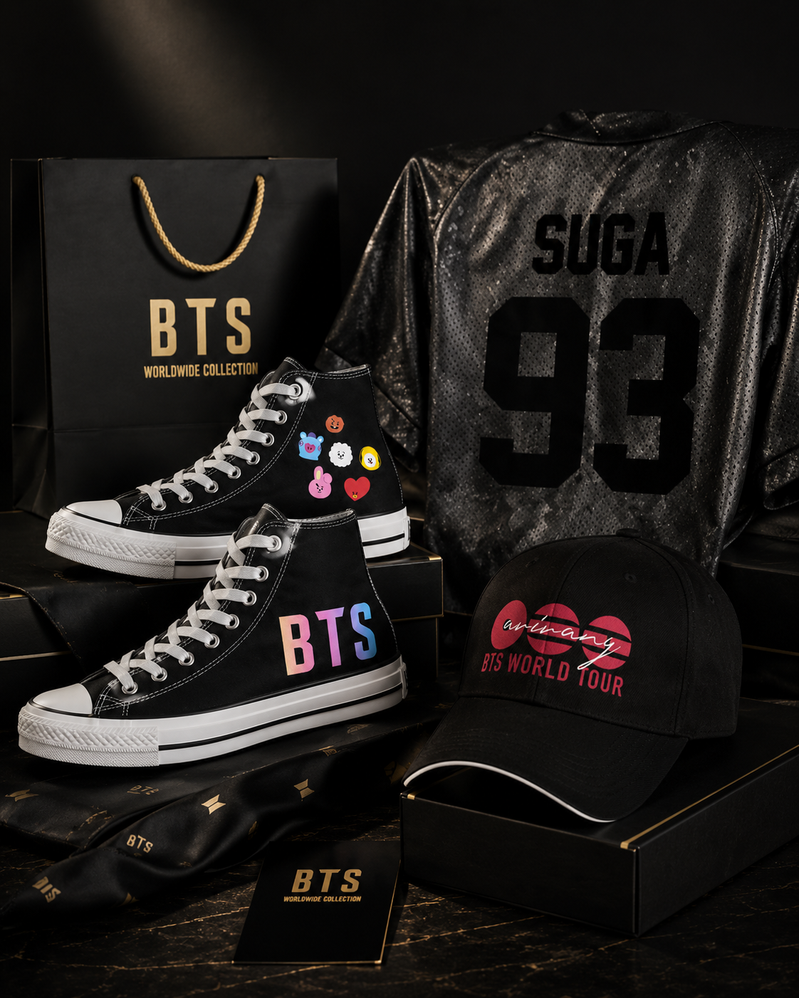 BTS Ultimate Fan Collection Bundle – World Tour Cap & BT21 High-Top Sneakers