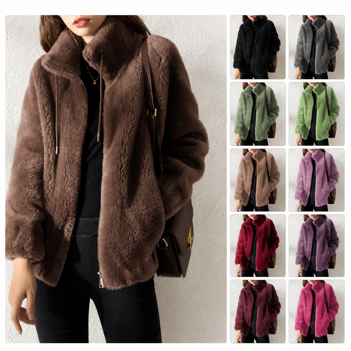 Double Faced Fleece Warm High Neck Sweater Women Cardigan