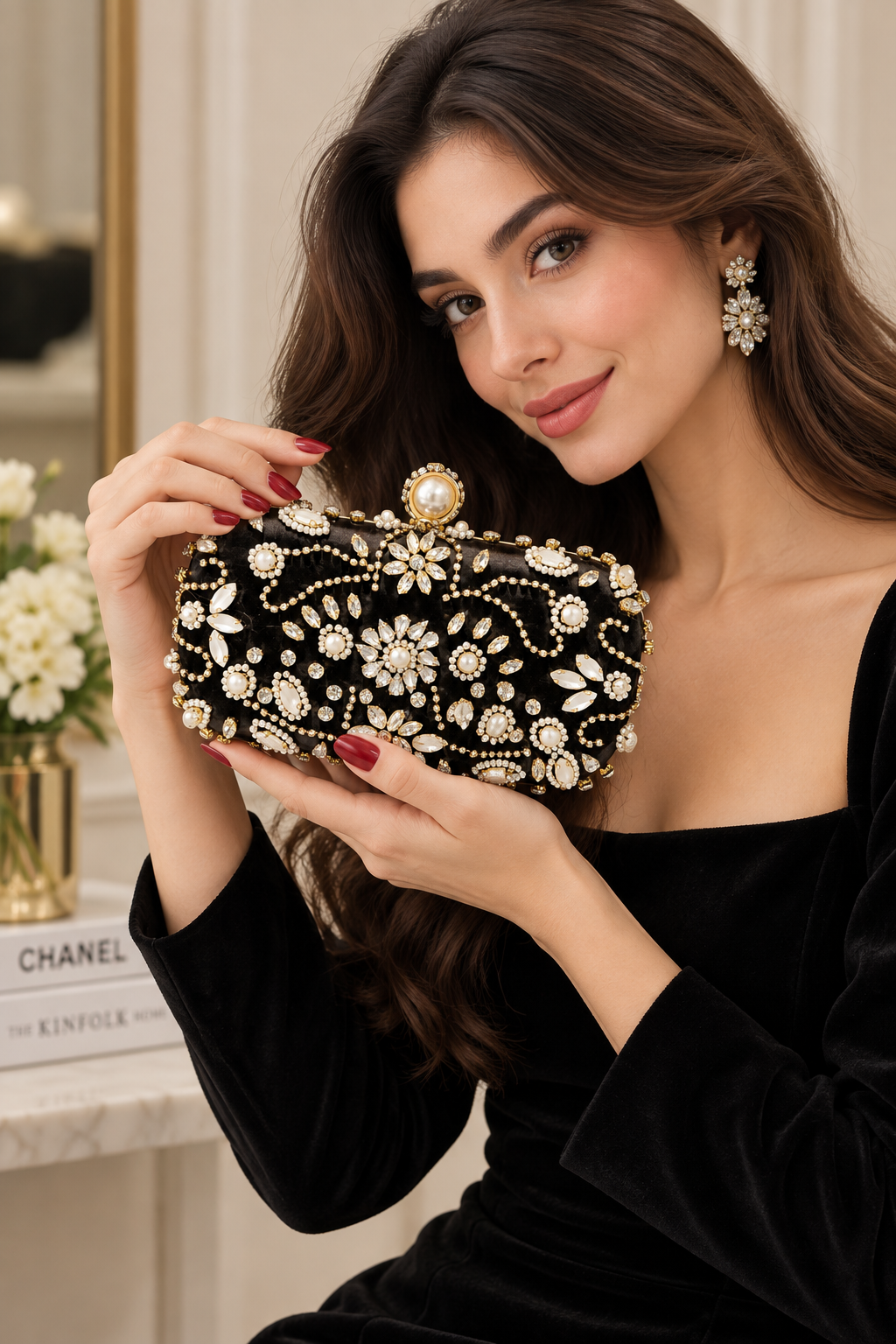 Rhinestones Party Small Clutch Handbags Metal Pearl Diamonds Flap