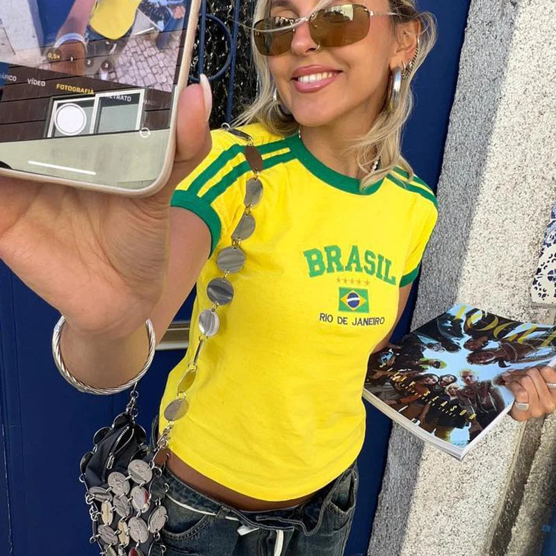 Women Brazil Letter Aesthetic Crop Tops Casual Short Sleeve Tee
