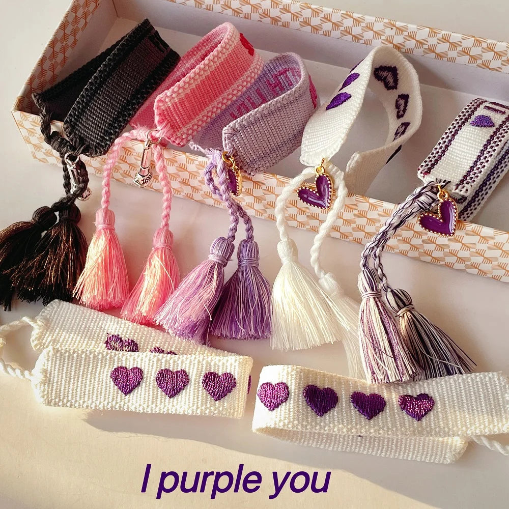 Adjustable Woven Bracelet with Hearts and Lettering