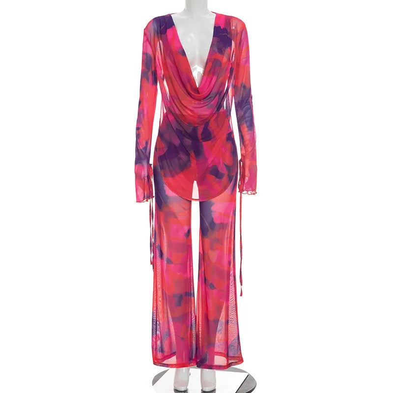 Joskaa Printed Mesh 2 Piece Set Women Sexy Draped Neck Long Sleeve Backless Asymmetric Top+Flare Pants Match Beach Holiday Suits