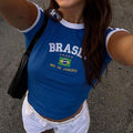 Women Brazil Letter Aesthetic Crop Tops Casual Short Sleeve Tee