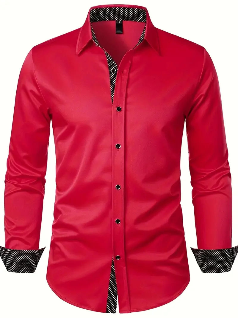 Men's New Polka Shirt, Men's Slim Fit Casual Long Sleeved Lapel Shirt