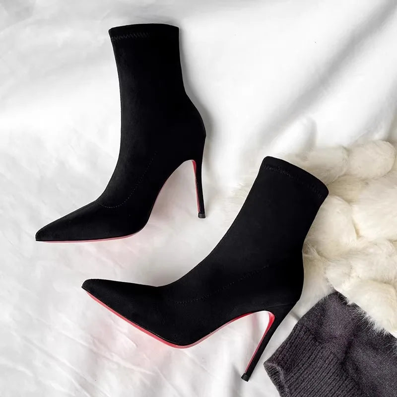 2024 Autumn Winter Pointed Toe Slim Boots High Heel Velvet Surface
