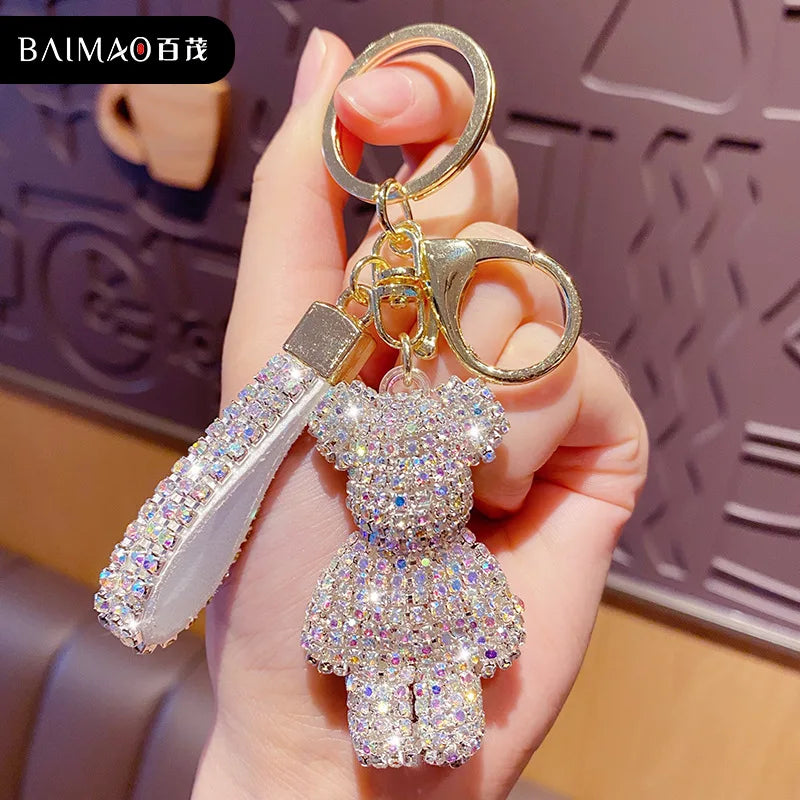 Cute Rhinestones Tassel Bear Keychain Couple Keychain Girl Decoration Small Pendant Car Key Ring Student Bag Pendant