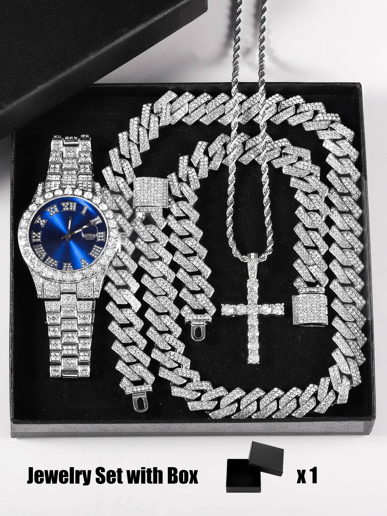 Gift Box Cuban Necklace Bracelet Cross Classic Full Diamond Watch Shining Luxury