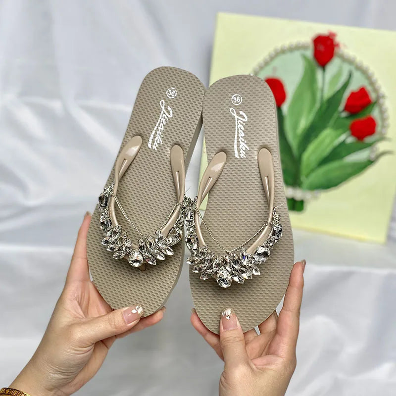 Fashion Flip Flops Women Summer Glass Diamond Slippers Women's Daily Outwear