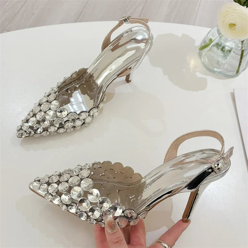 Aneikeh Fashion Stiletto Pumps Summer Silvery Rhinestone