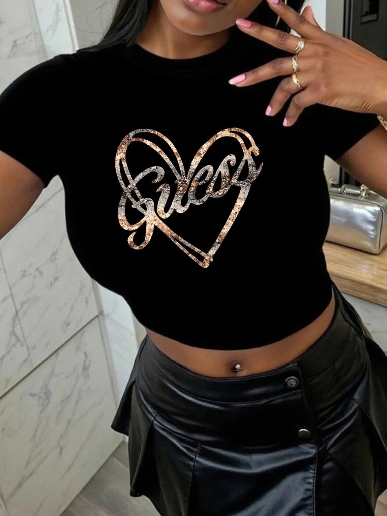 Guess Cool Girl Short Sleeve Heart Retro Print Round Neck T-Shirt,