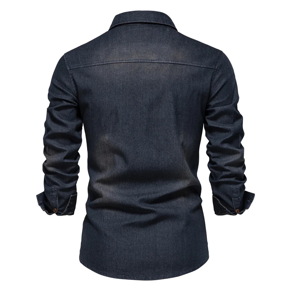 Elastic Cotton Denim Shirt Men Long Sleeve Quality Cowboy Shirts for Men