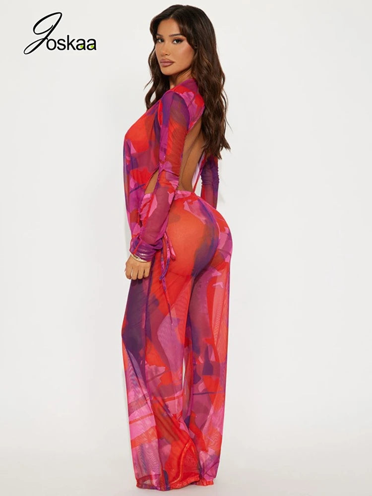 Joskaa Printed Mesh 2 Piece Set Women Sexy Draped Neck Long Sleeve Backless Asymmetric Top+Flare Pants Match Beach Holiday Suits