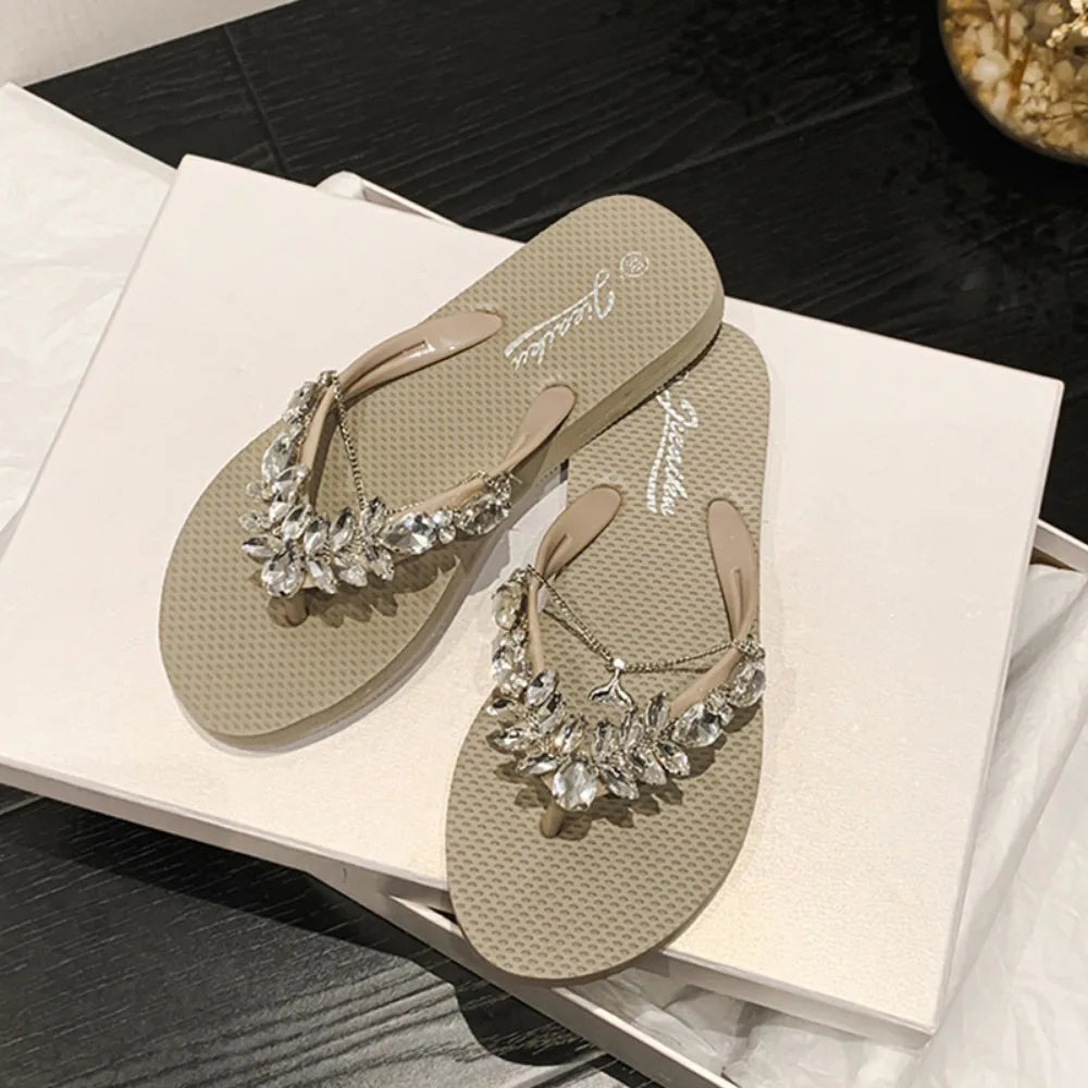 Fashion Flip Flops Women Summer Glass Diamond Slippers Women's Daily Outwear
