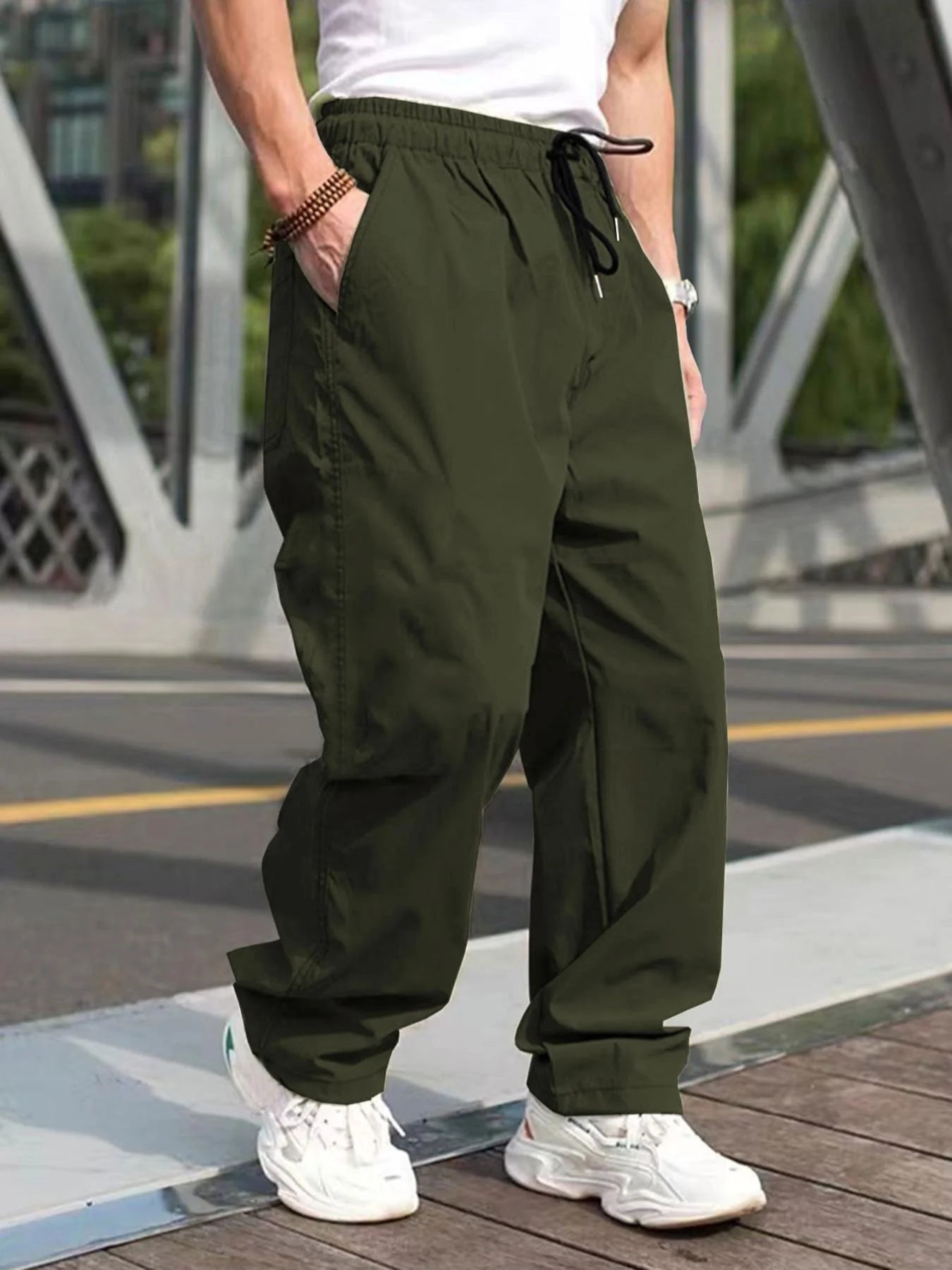 Men's Drawstring Waist Cargo Pants Regular Fit Casual Comfy Straight Leg Trousers