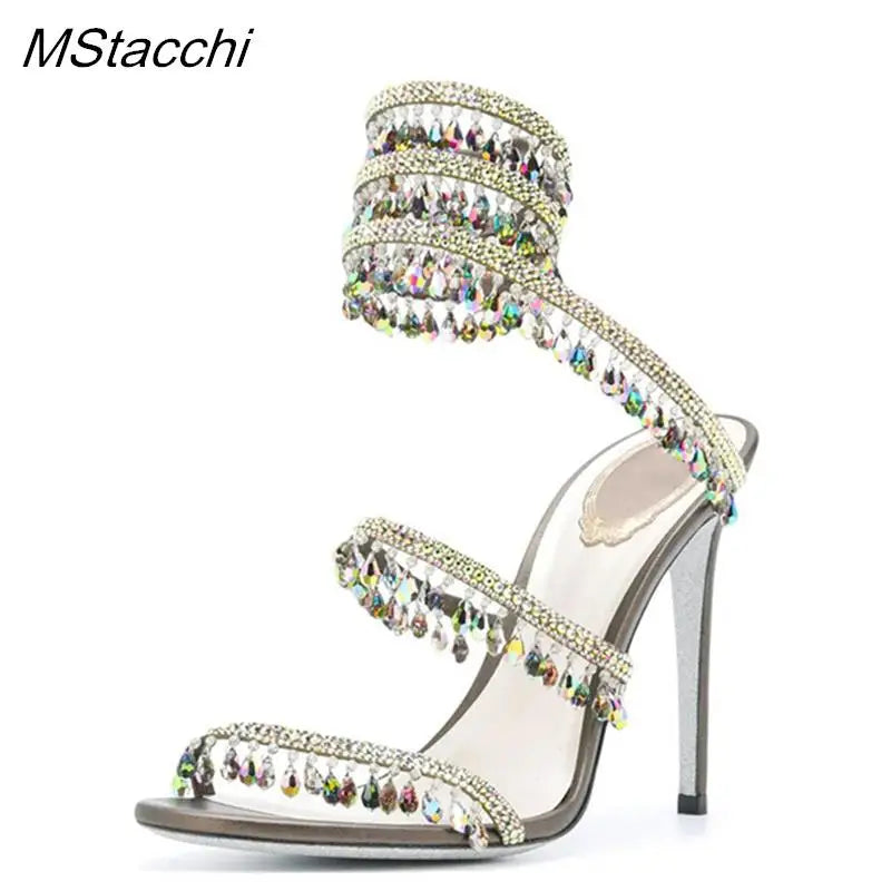 Crystal Wrap Sandals Women Summer 2025 Wedding Shoes High Heel Party Shoes Ankle Strappy Sandals Designer Stiletto Heel Shoes