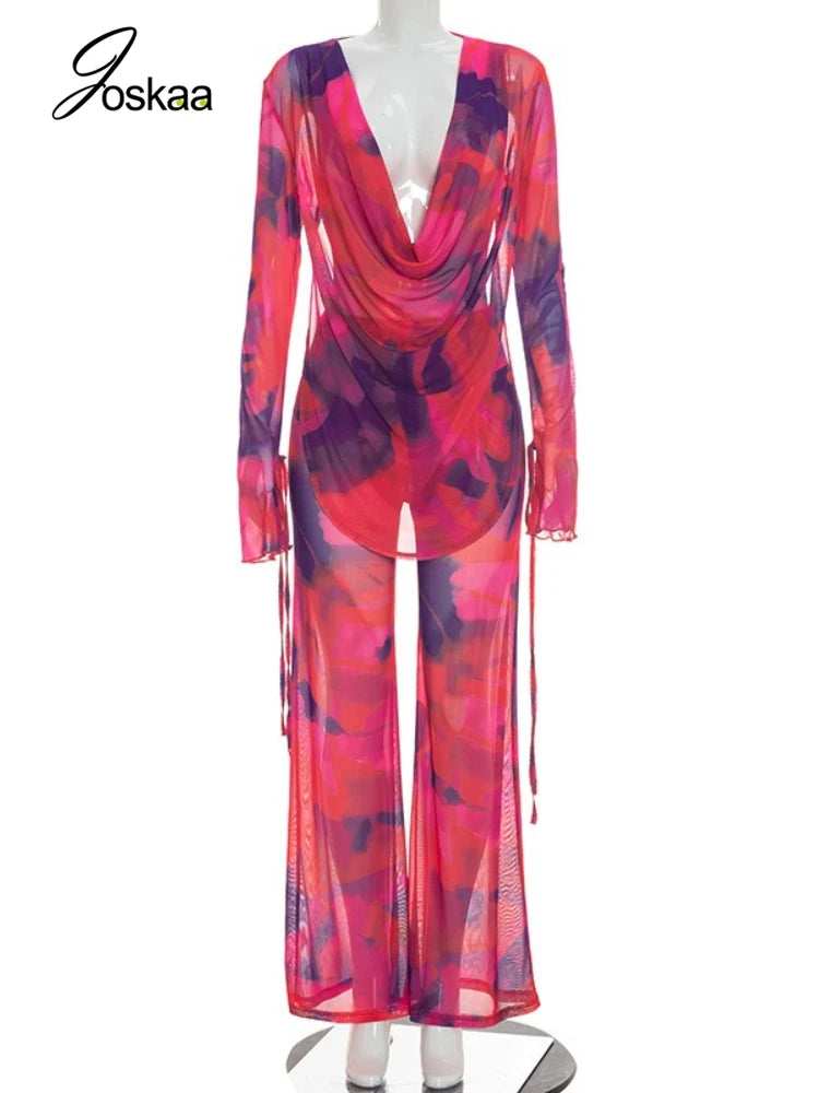 Joskaa Printed Mesh 2 Piece Set Women Sexy Draped Neck Long Sleeve Backless Asymmetric Top+Flare Pants Match Beach Holiday Suits