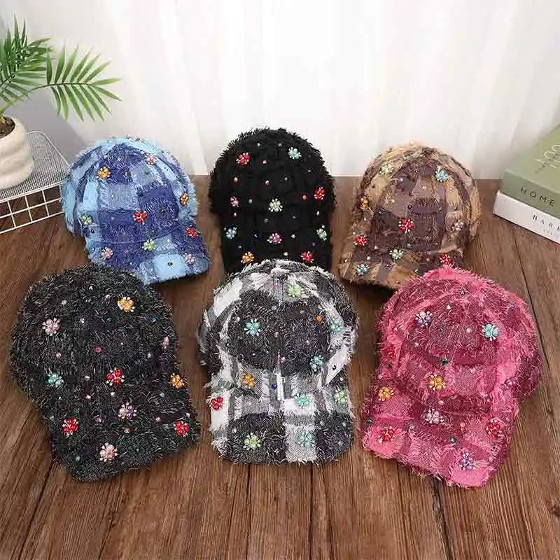 Rhinestone Ripped Plaid Baseball Cap Handmade Tassel Fashion Sun Hat