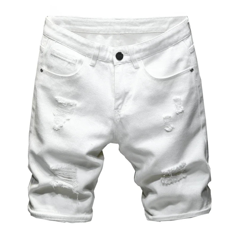Summer Men's Casual Fashion Straight Denim Shorts Simple Ripped Streetwear