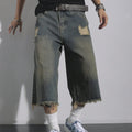 Men's Loose Ripped Denim Jeans 7 Point Calf Length Wide Leg Trousers