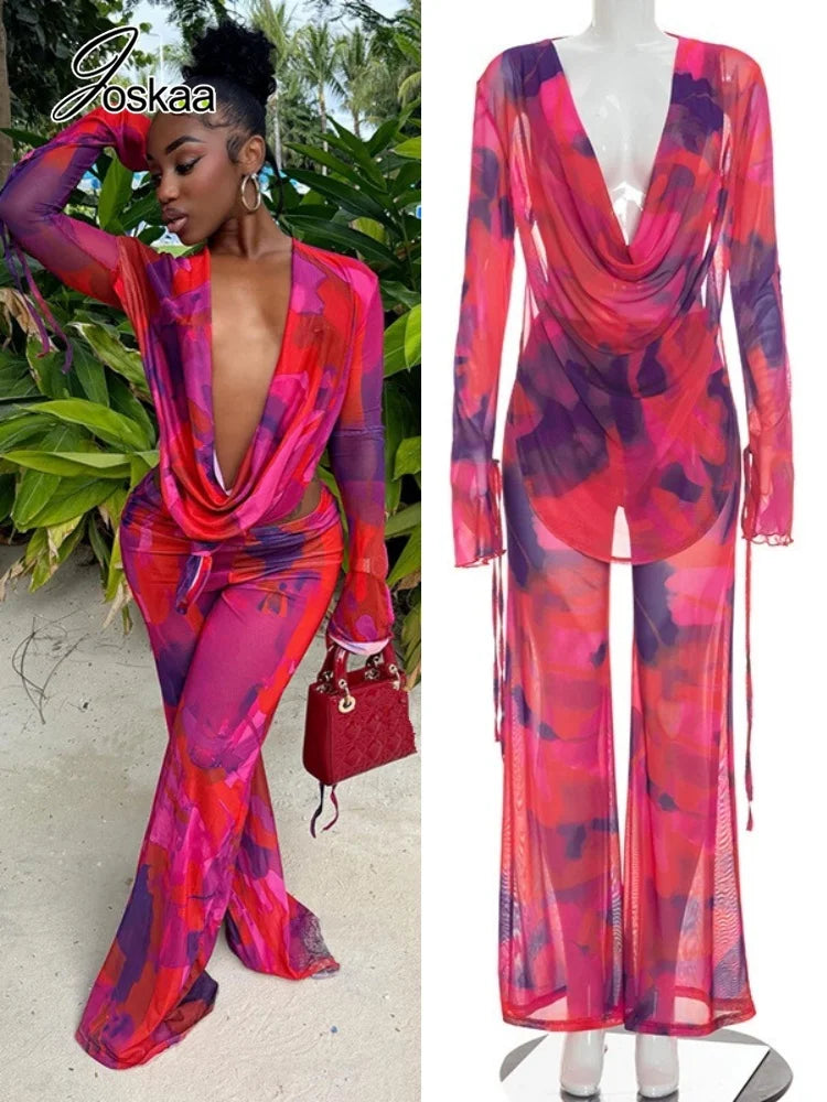 Joskaa Printed Mesh 2 Piece Set Women Sexy Draped Neck Long Sleeve Backless Asymmetric Top+Flare Pants Match Beach Holiday Suits