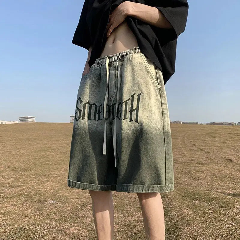 Denim Shorts Loose Elastic Waist Gradient Men's Short Jeans