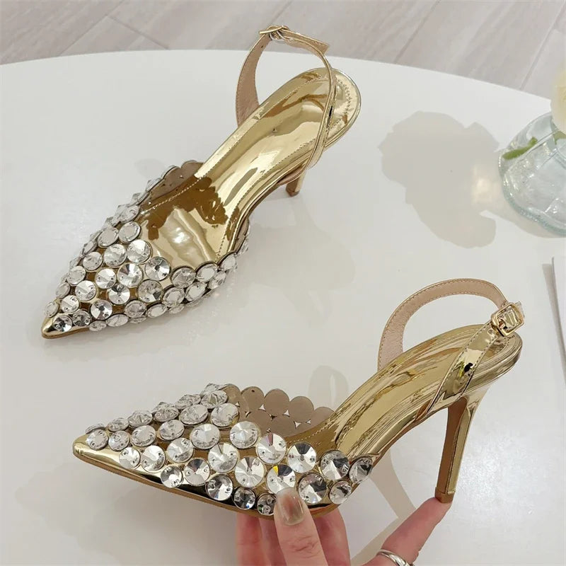 Aneikeh Fashion Stiletto Pumps Summer Silvery Rhinestone