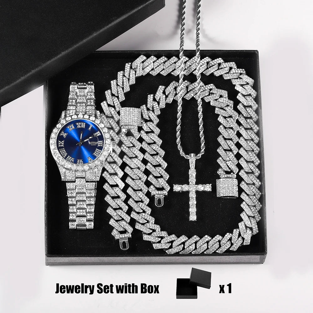 Gift Box Cuban Necklace Bracelet Cross Classic Full Diamond Watch Shining Luxury
