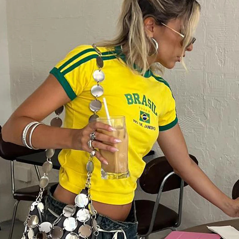 Women Brazil Letter Aesthetic Crop Tops Casual Short Sleeve Tee