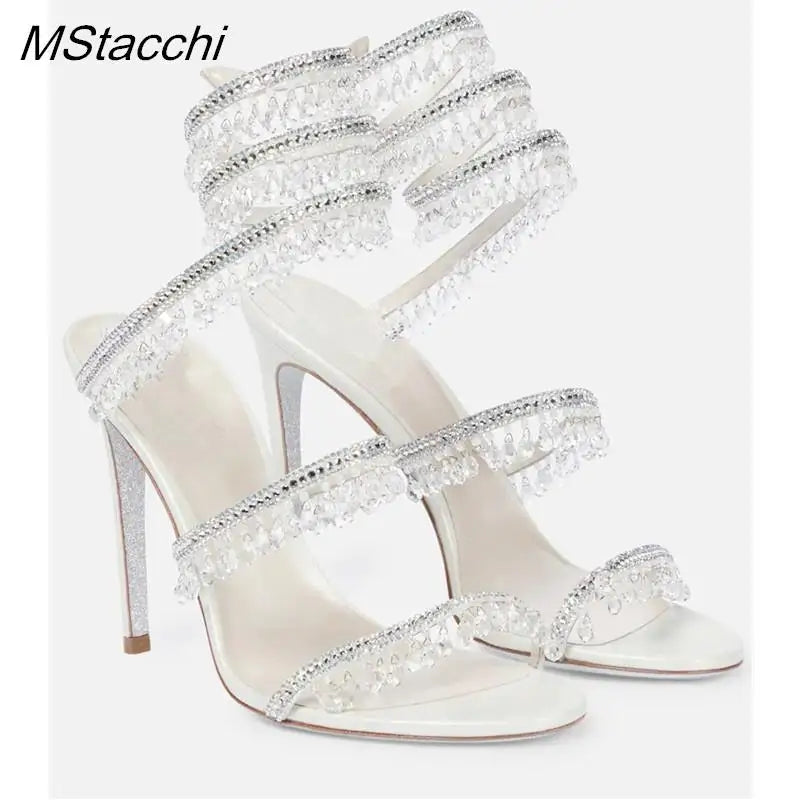 Crystal Wrap Sandals Women Summer 2025 Wedding Shoes High Heel Party Shoes Ankle Strappy Sandals Designer Stiletto Heel Shoes