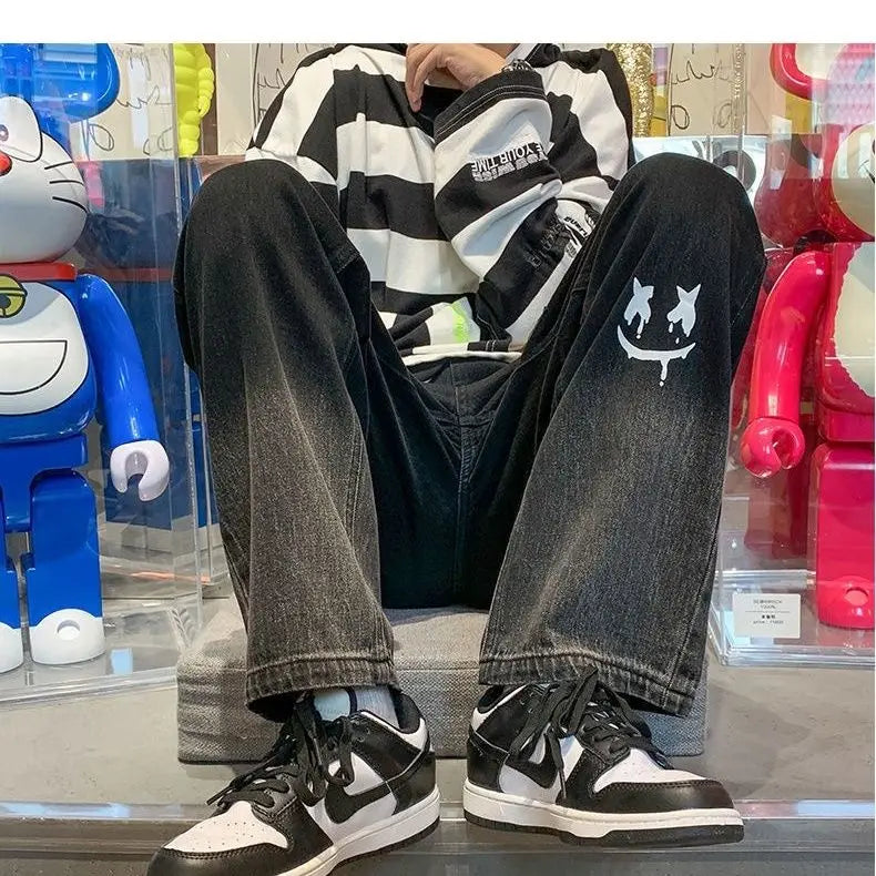 Harajuku Smile Print Baggy Pants Men Streetwear Wide Leg Oversize